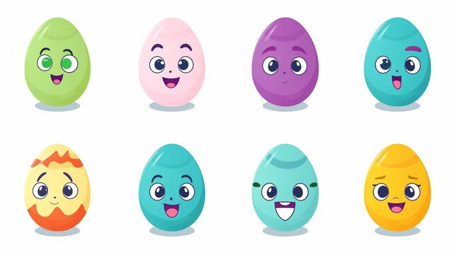 cartoon style, simple vector illustration set, simple colored easter eggs isolated on a white background. Beautiful design element. Easter eggs with smiling faces. Beautiful decoration for children. D