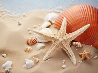 Fototapeta na wymiar Starfish and sea shell on a sandy beach, AI generator