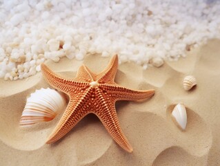 Fototapeta na wymiar Starfish and sea shell on a sandy beach, AI generator