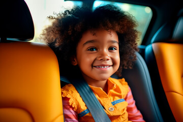 Smiling black child in a car seat buckled into a child seat. safety - obrazy, fototapety, plakaty