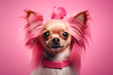 Dog in a hair salon with pink hair. Grooming. Dog care. Pink background