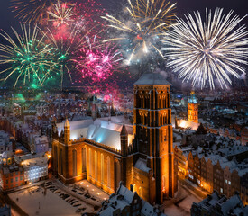 New Year fireworks display over the main town of Gdansk. Poland © Patryk Kosmider