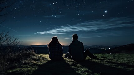 Couple enjoying stargazing on a hill and identifying star constellations