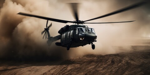 a black helicopter flying high over a dusty ground