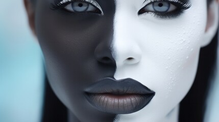 Contemporary female face painting portrait with close-up of eyes and lips, showcasing dark and white complexion - obrazy, fototapety, plakaty
