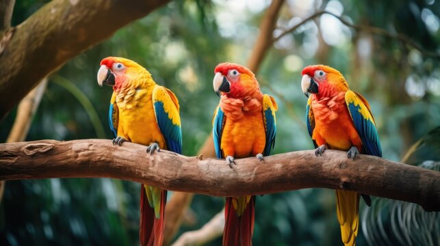 colorful parrots perched on a tree branch.