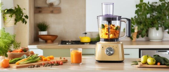 a food processor in a kitchen is taking carrots