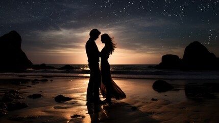 Couple embracing each other while gracefully dancing under a starlit sky on a serene and hidden shoreline.
