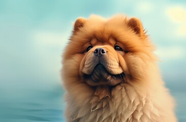 a chow chow is looking at some water on a green background