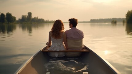 Couple enjoying a romantic ride in a rowboat on a peaceful lake - obrazy, fototapety, plakaty