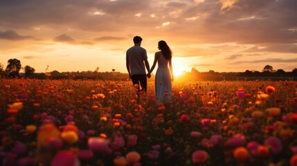Couple enjoying a romantic sunset walk in a colorful flower field.