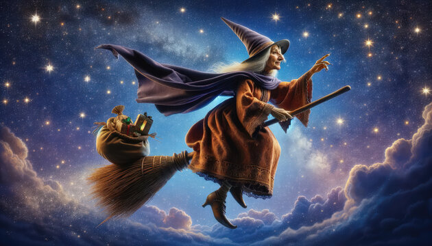 High-quality photograph of La Befana, the Italian Christmas witch, flying on her broomstick against a starry night sky, carrying gifts and sweets.
