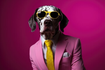 a dog in a suit with shades and a yellow vest