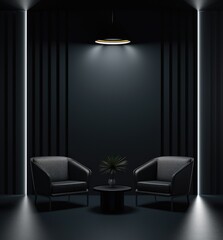 a dark room with 2 black chairs