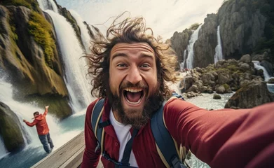Fotobehang a guy taking a selfie in front of the waterfall © ArtCookStudio