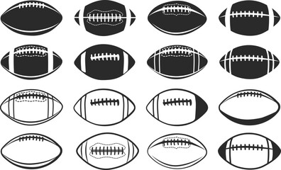 American football silhouette, Rugby ball silhouette, Football silhouette, American football ball svg, Rugby ball svg, Sports ball silhouette, American football svg, American football vector. © DesignLands