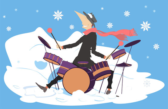 Winter. Snow. Man plays on drum kit. 
Winter concert. Snowflakes. Smiling musician plays on drum kit with inspiration
