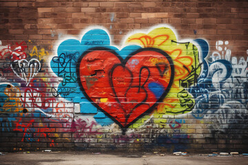 Abstract Colorful Street Art Graffiti, Hearts Love Graffiti on a Brick Wall Street Art Illustration. Texture Background Perfect for Valentines Day and Friendship Day. Ideal for Banner or Poster Design