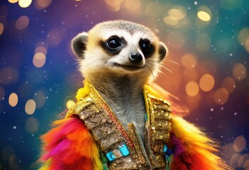 a meerkat in a yellow and purple outfit - Powered by Adobe