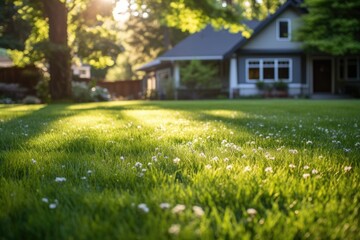 A beautiful lush green lawn in the morning with a modern house in the background. - obrazy, fototapety, plakaty