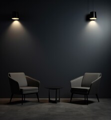 a dark room with 2 black chairs