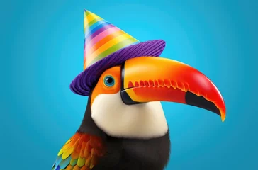 a brightly coloured toucan wearing a birthday hat © ArtCookStudio
