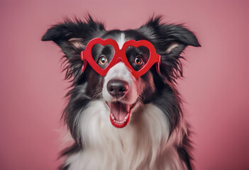 Cartolina d'Amore- Simpatico Cucciolo Border Collie in Occhiali a Cuore per il Giorno di San Valentino