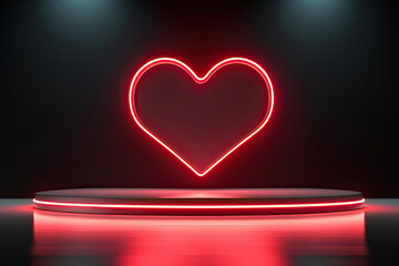 Red Neon Lighting Heart Shape Love Podium, Perfect for Valentine's Day. Modern Empty Stage with Spotlight for Product Display. Line Art Glowing Heart Ideal for Advertisement Banner or Poster
