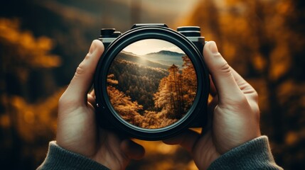 Hands holding a camera lens through which a beautiful autumn forest landscape is seen, symbolizing...