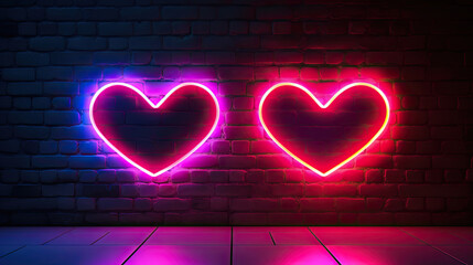 Valentine's Day Neon Hearts, Blue and Red Glow on Brick Wall Background
