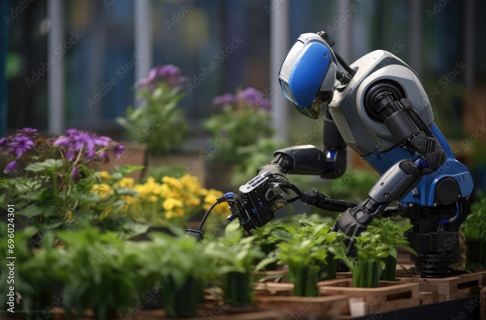 Wall mural a robot in a gardening space is being used to grow plants