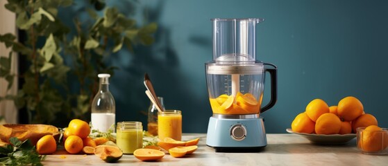a food processor in a kitchen is taking carrots