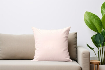 Square canvas pillow mockup on beige sofa, small cotton cushion mockup in living room interior