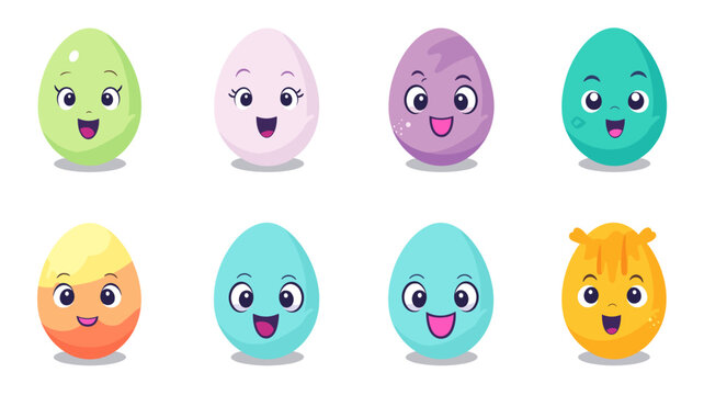 cartoon style, simple vector illustration set, simple colored easter eggs isolated on a white background. Beautiful design element. Easter eggs with smiling faces. Beautiful decoration for children. D