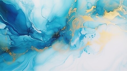 The texture of abstract alcohol ink paintings is made up of blue and azure tones with golden streaks.