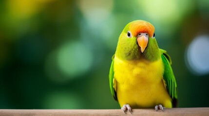 A close up of a green lovebird with a background that is blurry.
