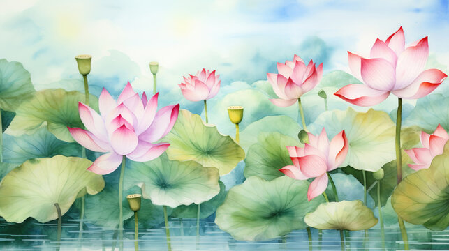 Water Lily Watercolor Painting, Pink Lotus Flowers for Greeting Cards or Wedding Invitations with Copy Space for Text