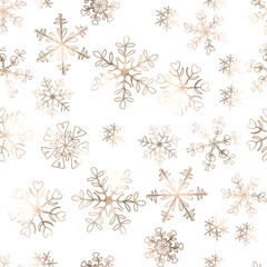 Rose gold snowflake seamless pattern for textile, fabric, gift paper. Vector winter holiday background