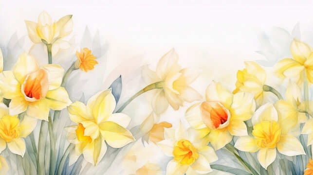 Watercolor Yellow Narcissus Flowers Illustration Art on White Background. Clip Art with Copy Space for Text
