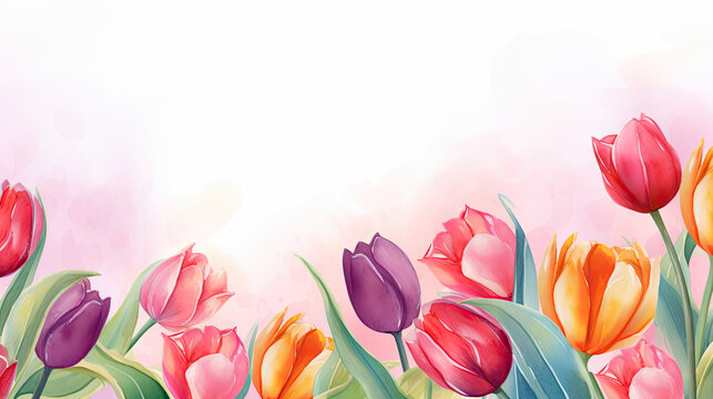 Bouquet of Colorful Watercolor Tulip Flowers Illustration Art on White Background with Copy Space