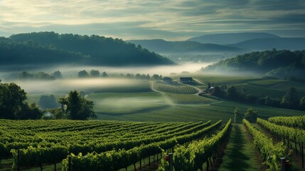 Vineyard vista with a hint of fog, adding an ethereal quality to the Virginia Wine Expo