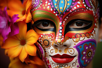 Close-up of an unrecognisable woman wearing a mask celebrating carnival. Bright Masks and Radiant Smiles. Carnival in All Its Splendour