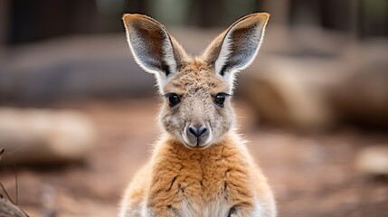 A kangaroo at the zoo that is furry and adorable has long ears.