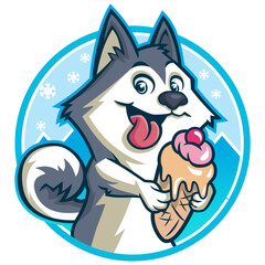 Cute wolf with ice cream. Vector illustration for greeting card, logo, mascot, poster, or print on clothes