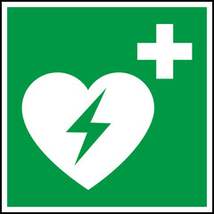 Green and white vector graphic of a CPR/AED indicating a defibrillator device located close by