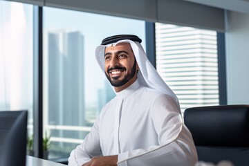 Fototapeta premium Joyful UAE national in traditional attire working in office, perfect for Middle Eastern business idea.