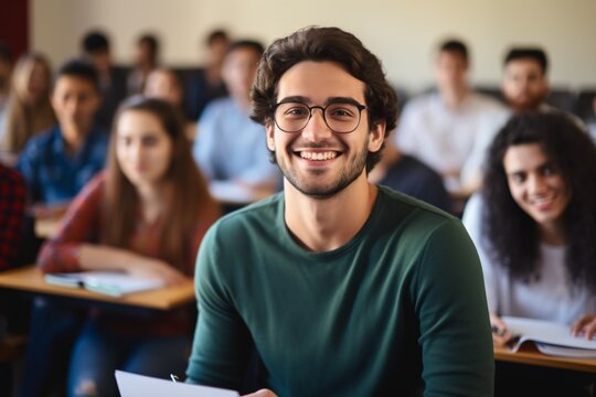 Joyful university attendee in class gazing at lens.