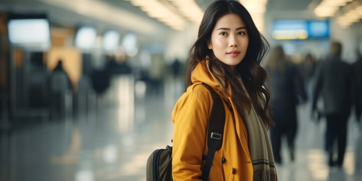 A global airport terminal with an elegant Asian lady carrying bags and strolling through the airport.