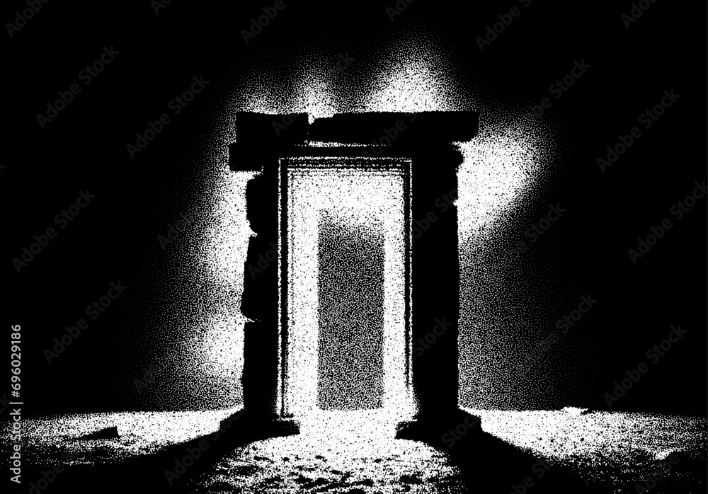 Poster Ancient ruins in sci-fi scene with dotwork retro style. Mysterious gate debris with dramatic lights and retro texture