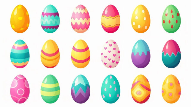 cartoon style, simple vector illustration set, simple colored easter eggs isolated on a white background. Beautiful design element. Easter eggs with smiling faces. Beautiful decoration for children.